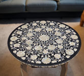Black Marble Round Table with Mother of Pearl Inlay – Pietra Dura Floral Art – Handmade Stone Inlay Table for Home Décor & Gifts Unique Handicrafts IND